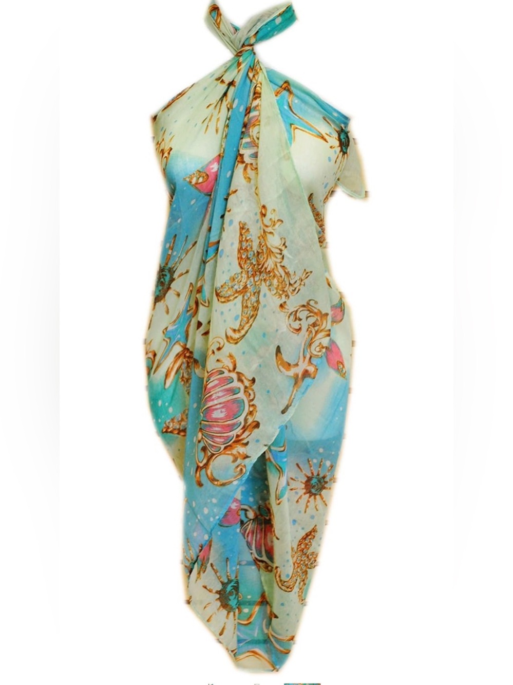 Beach Sarong Wrap Sea Life Print in Aqua and Cream 70”x 35” SEA LIFE THEME SCARF